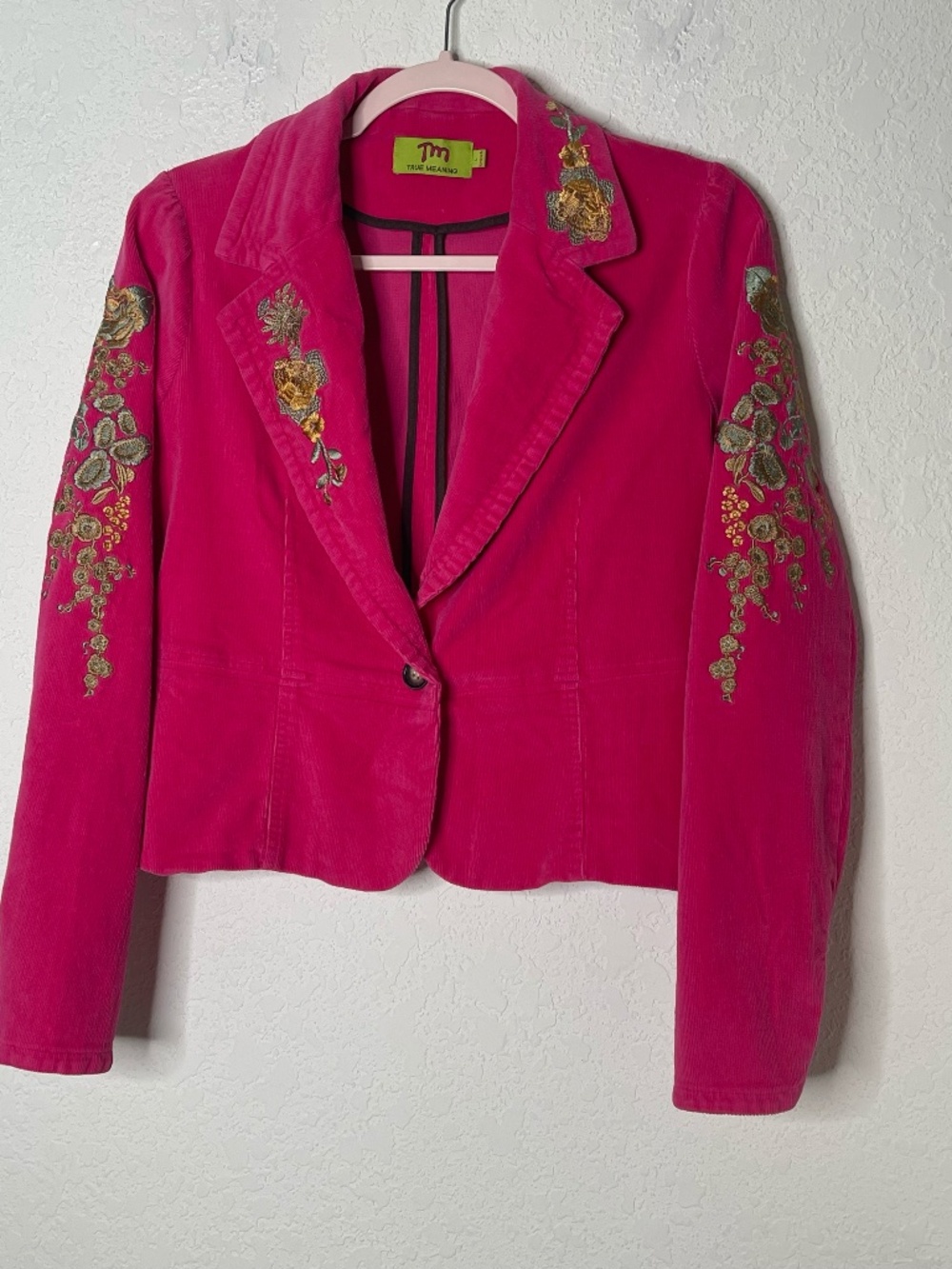 True Meaning Y2K Pink Corduroy Blazer L Floral Embroidered Boho Jacket Vtg
